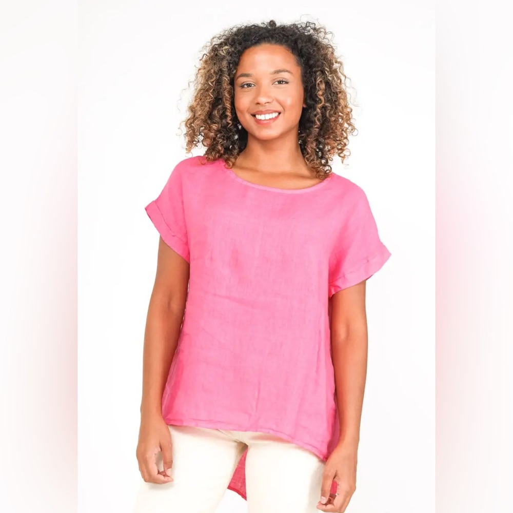 Flax 100% linen short sleeve top pink